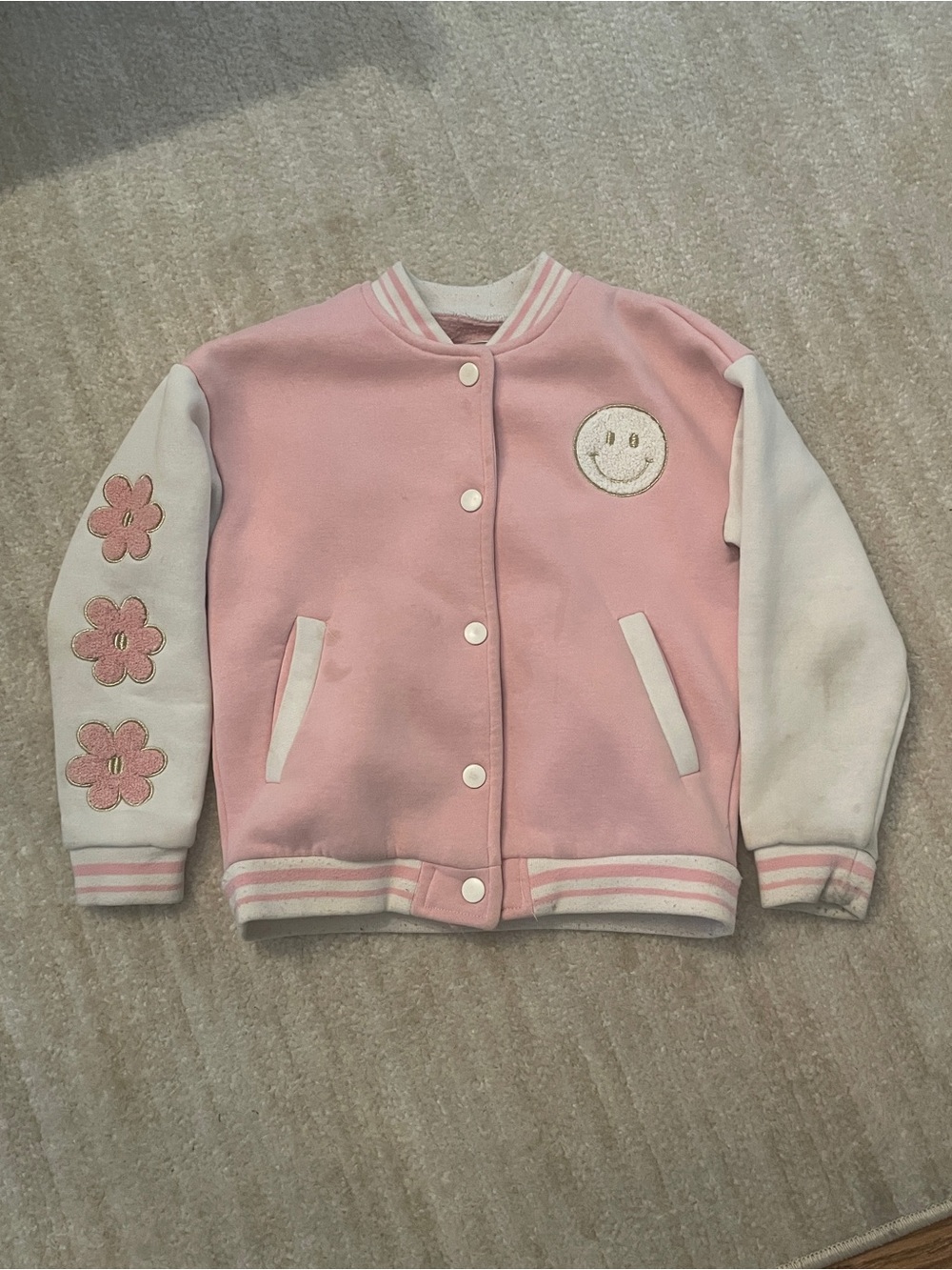 Pink & White Floral Smile Varsity Jacket 6